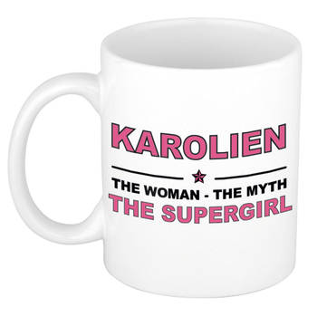 Naam cadeau mok/ beker Karolien The woman, The myth the supergirl 300 ml - Naam mokken