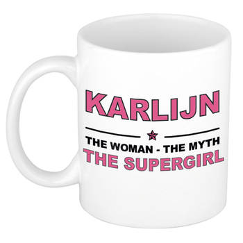 Naam cadeau mok/ beker Karlijn The woman, The myth the supergirl 300 ml - Naam mokken