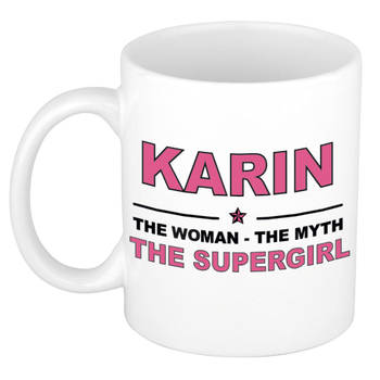 Naam cadeau mok/ beker Karin The woman, The myth the supergirl 300 ml - Naam mokken