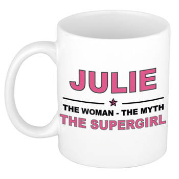 Naam cadeau mok/ beker Julie The woman, The myth the supergirl 300 ml - Naam mokken