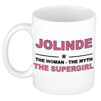 Naam cadeau mok/ beker Jolinde The woman, The myth the supergirl 300 ml - Naam mokken