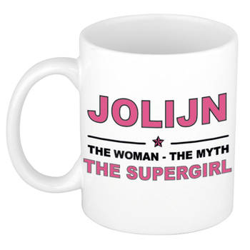 Naam cadeau mok/ beker Jolijn The woman, The myth the supergirl 300 ml - Naam mokken