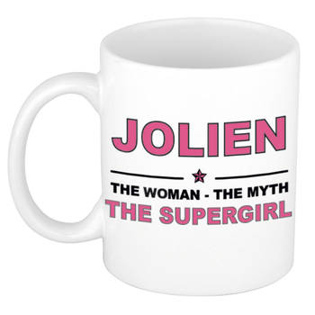 Naam cadeau mok/ beker Jolien The woman, The myth the supergirl 300 ml - Naam mokken