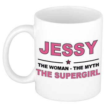 Naam cadeau mok/ beker Jessy The woman, The myth the supergirl 300 ml - Naam mokken