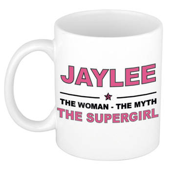 Naam cadeau mok/ beker Jaylee The woman, The myth the supergirl 300 ml - Naam mokken