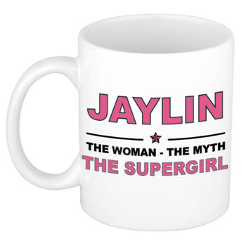 Naam cadeau mok/ beker Jaylin The woman, The myth the supergirl 300 ml - Naam mokken