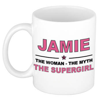 Naam cadeau mok/ beker Jamie The woman, The myth the supergirl 300 ml - Naam mokken