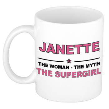 Naam cadeau mok/ beker Janette The woman, The myth the supergirl 300 ml - Naam mokken