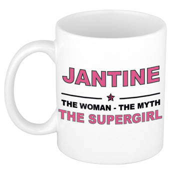 Naam cadeau mok/ beker Jantine The woman, The myth the supergirl 300 ml - Naam mokken