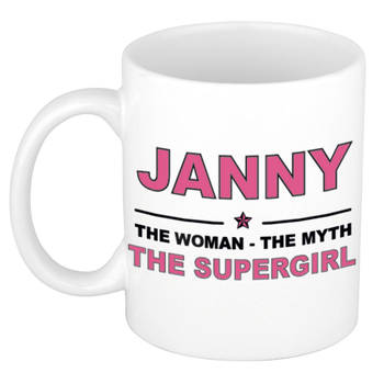 Naam cadeau mok/ beker Janny The woman, The myth the supergirl 300 ml - Naam mokken