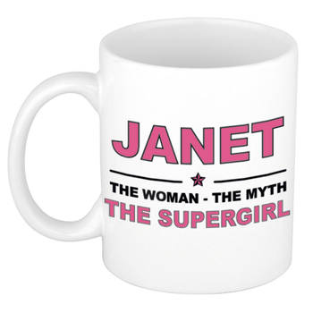 Naam cadeau mok/ beker Janet The woman, The myth the supergirl 300 ml - Naam mokken