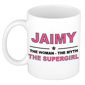 Naam cadeau mok/ beker Jaimy The woman, The myth the supergirl 300 ml - Naam mokken
