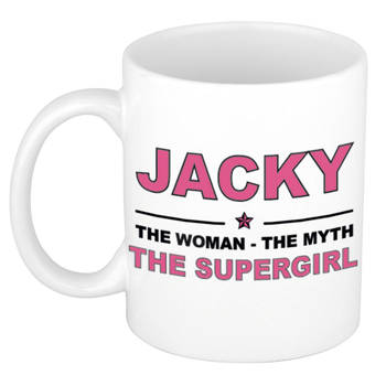 Naam cadeau mok/ beker Jacky The woman, The myth the supergirl 300 ml - Naam mokken