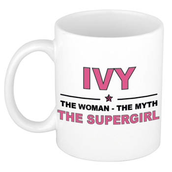 Naam cadeau mok/ beker Ivy The woman, The myth the supergirl 300 ml - Naam mokken