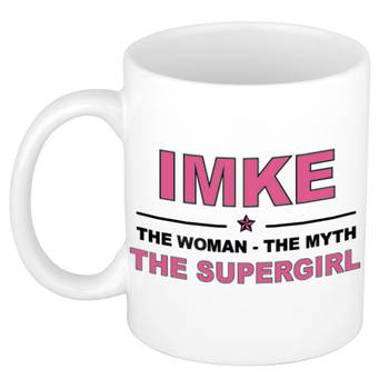 Naam cadeau mok/ beker Imke The woman, The myth the supergirl 300 ml - Naam mokken