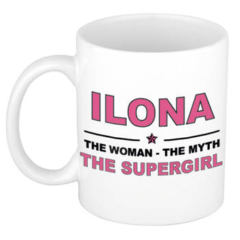 Naam cadeau mok/ beker Ilona The woman, The myth the supergirl 300 ml - Naam mokken