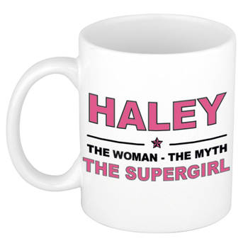 Naam cadeau mok/ beker Haley The woman, The myth the supergirl 300 ml - Naam mokken