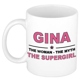 Naam cadeau mok/ beker Gina The woman, The myth the supergirl 300 ml - Naam mokken