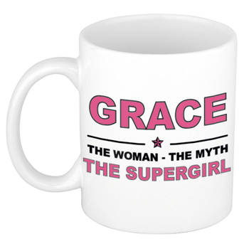 Naam cadeau mok/ beker Grace The woman, The myth the supergirl 300 ml - Naam mokken
