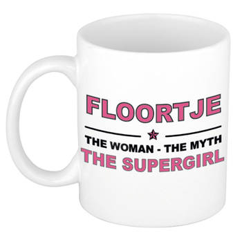 Naam cadeau mok/ beker Floortje The woman, The myth the supergirl 300 ml - Naam mokken