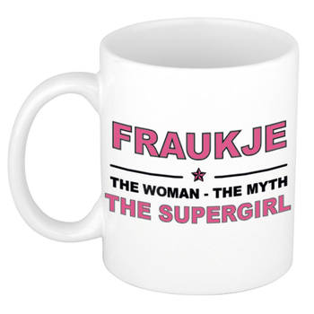 Naam cadeau mok/ beker Fraukje The woman, The myth the supergirl 300 ml - Naam mokken