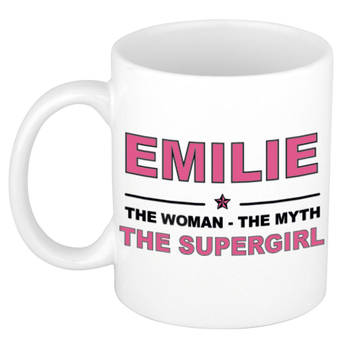 Naam cadeau mok/ beker Emilie The woman, The myth the supergirl 300 ml - Naam mokken