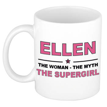 Naam cadeau mok/ beker Ellen The woman, The myth the supergirl 300 ml - Naam mokken