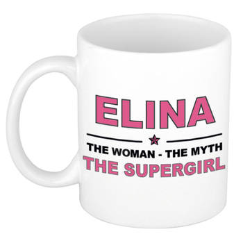 Naam cadeau mok/ beker Elina The woman, The myth the supergirl 300 ml - Naam mokken