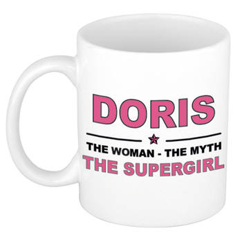 Naam cadeau mok/ beker Doris The woman, The myth the supergirl 300 ml - Naam mokken