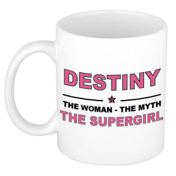 Naam cadeau mok/ beker Destiny The woman, The myth the supergirl 300 ml - Naam mokken