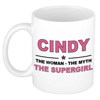 Naam cadeau mok/ beker Cindy The woman, The myth the supergirl 300 ml - Naam mokken