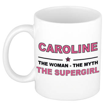 Naam cadeau mok/ beker Caroline The woman, The myth the supergirl 300 ml - Naam mokken