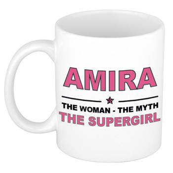 Naam cadeau mok/ beker Amira The woman, The myth the supergirl 300 ml - Naam mokken