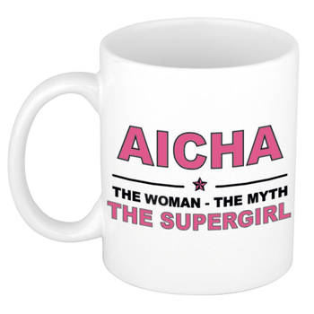 Naam cadeau mok/ beker Aicha The woman, The myth the supergirl 300 ml - Naam mokken