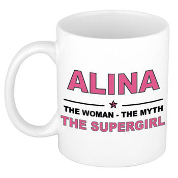 Naam cadeau mok/ beker Alina The woman, The myth the supergirl 300 ml - Naam mokken