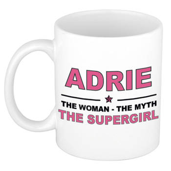 Naam cadeau mok/ beker Adrie The woman, The myth the supergirl 300 ml - Naam mokken