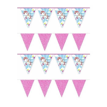 4x Eenhoorn thema vlaggenlijnen print en roze glitters kinderfeestje/kinderpartijtje versiering/decoratie - Vlaggenlijne