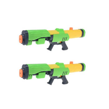2x Mega waterpistolen/waterpistool met pomp groen/geel van 63 cm kinderspeelgoed - Waterpistolen