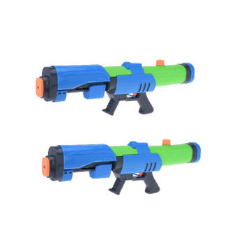 2x Mega waterpistolen/waterpistool met pomp blauw/groen van 63 cm kinderspeelgoed - Waterpistolen
