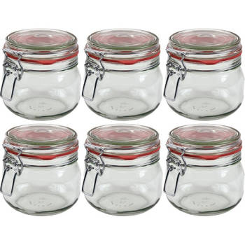 6x Glazen confituren pot/weckpot 500 ml met beugelsluiting en rubberen ring - Weckpotten
