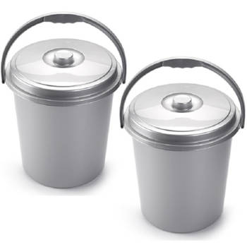 2x stuks schoonmaakemmer/vuilnisemmer met deksel 21 liter zilver - Emmers