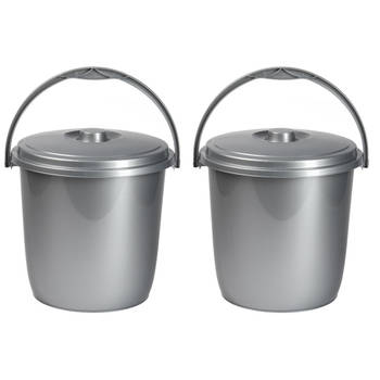 2x Schoonmaakemmers/vuilnisemmers 15 liter zilver - Emmers