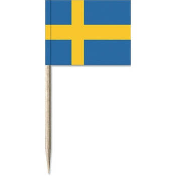100x Vlaggetjes prikkers Zweden 8 cm hout/papier - Cocktailprikkers