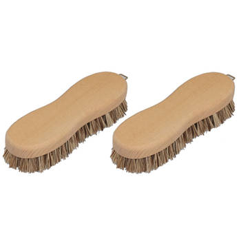 Set van 2x stuks schrobborstels van hout met fiber/palmvezel luiwagen/8-vorm bruin - Schrobborstels