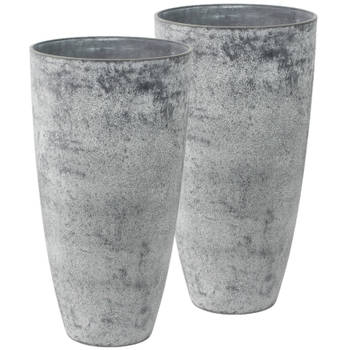 Set van 2x stuks bloempotten/plantenpotten vaas van gerecycled kunststof betongrijs D29 en H50 cm - Plantenpotten