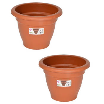 Set van 2x stuks terra cotta kleur ronde plantenpot/bloempot kunststof diameter 20 cm - Plantenpotten