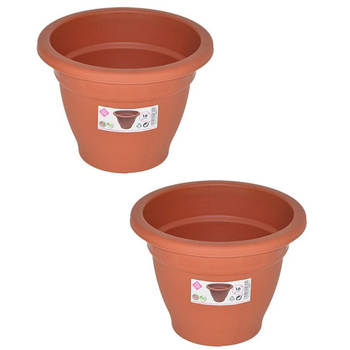 Set van 2x stuks terra cotta kleur ronde plantenpot/bloempot kunststof diameter 16 cm - Plantenpotten