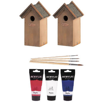 2x Houten vogelhuisje/nestkastje 22 cm - rood/wit/blauw Dhz schilderen pakket - Vogelhuisjes