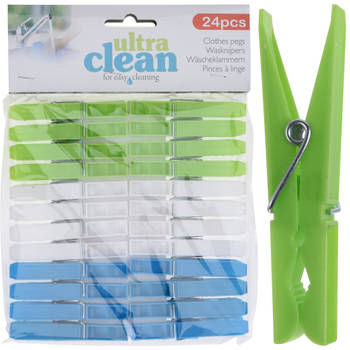 24x Wasgoedknijpers groen/blauw/wit van kunststof 7 cm - Knijpers