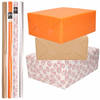 8x Rollen transparant folie/inpakpapier pakket - oranje/bruin/wit met hartjes 200 x 70 cm - Cadeaupapier